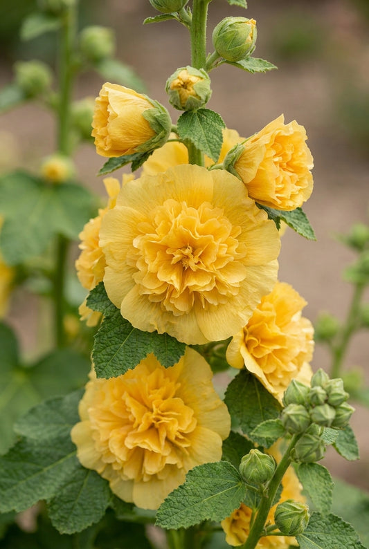 Alcea rosea 'Chater's Double Yellow' bloem