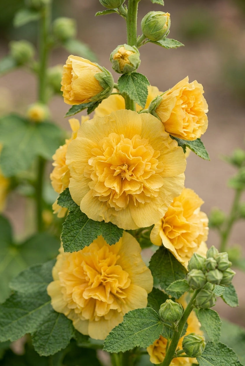 Alcea rosea 'Chater's Double Yellow' bloem