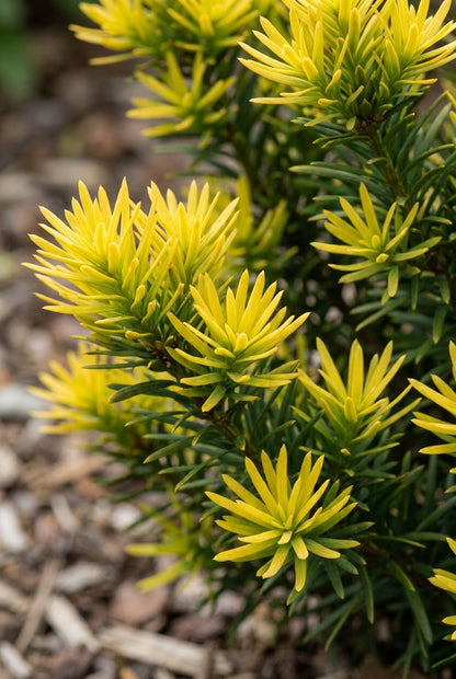Cephalotaxus harringtonii 'Korean Gold' twijg