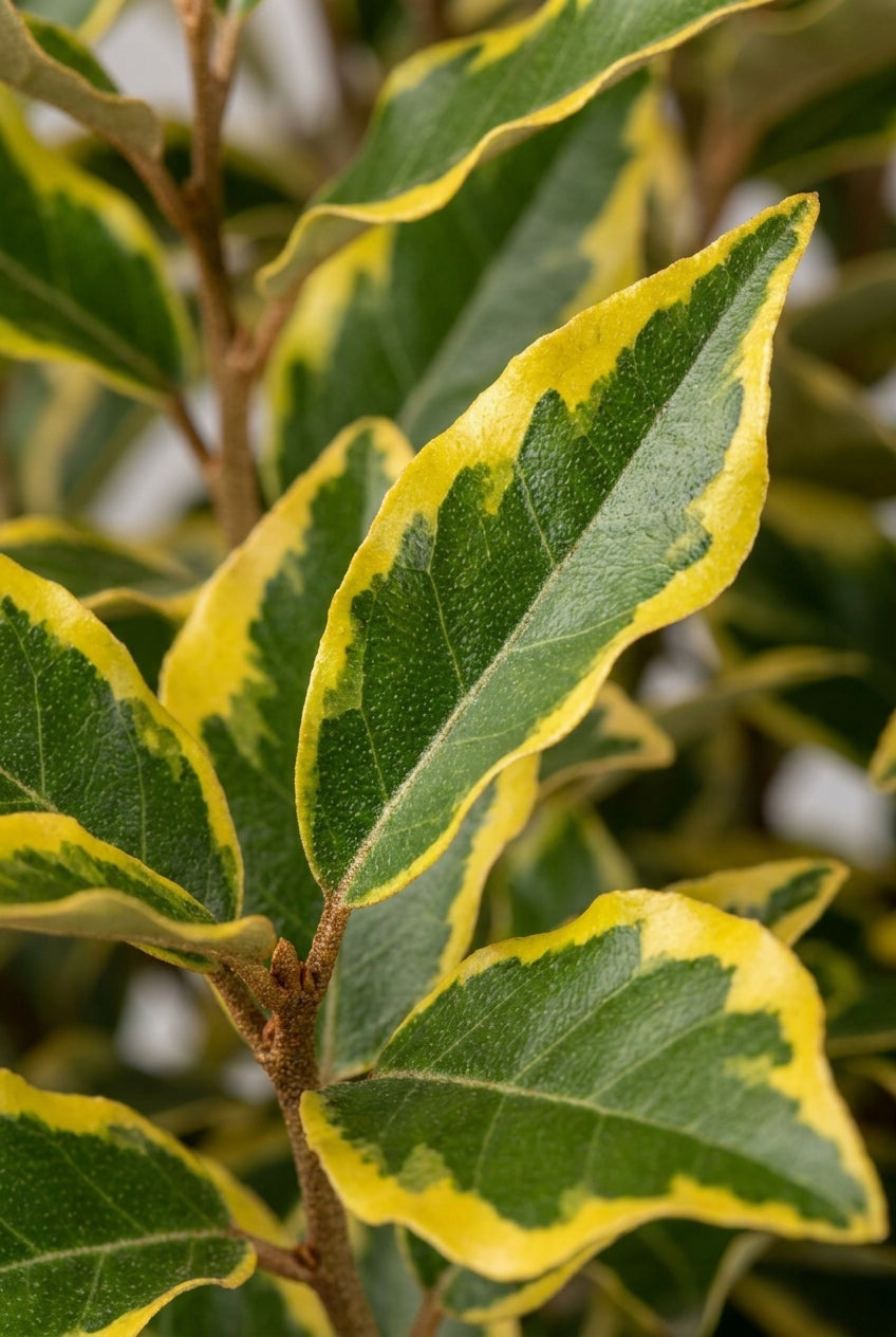 Elaeagnus ebbingei 'Gilt Edge' op stam blad