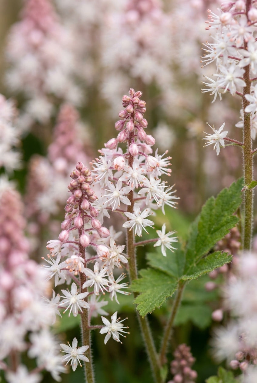 Tiarella cordifolia 'Pink Brushes' bloemen