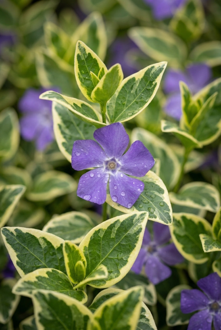 Vinca major 'Variegata' bloem
