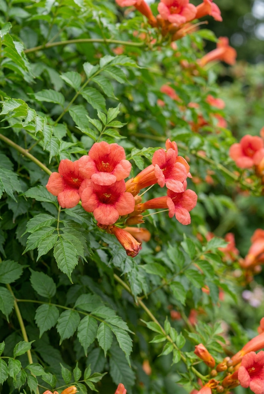 Campsis radicans 'Flamenco' Tuinplanten blad