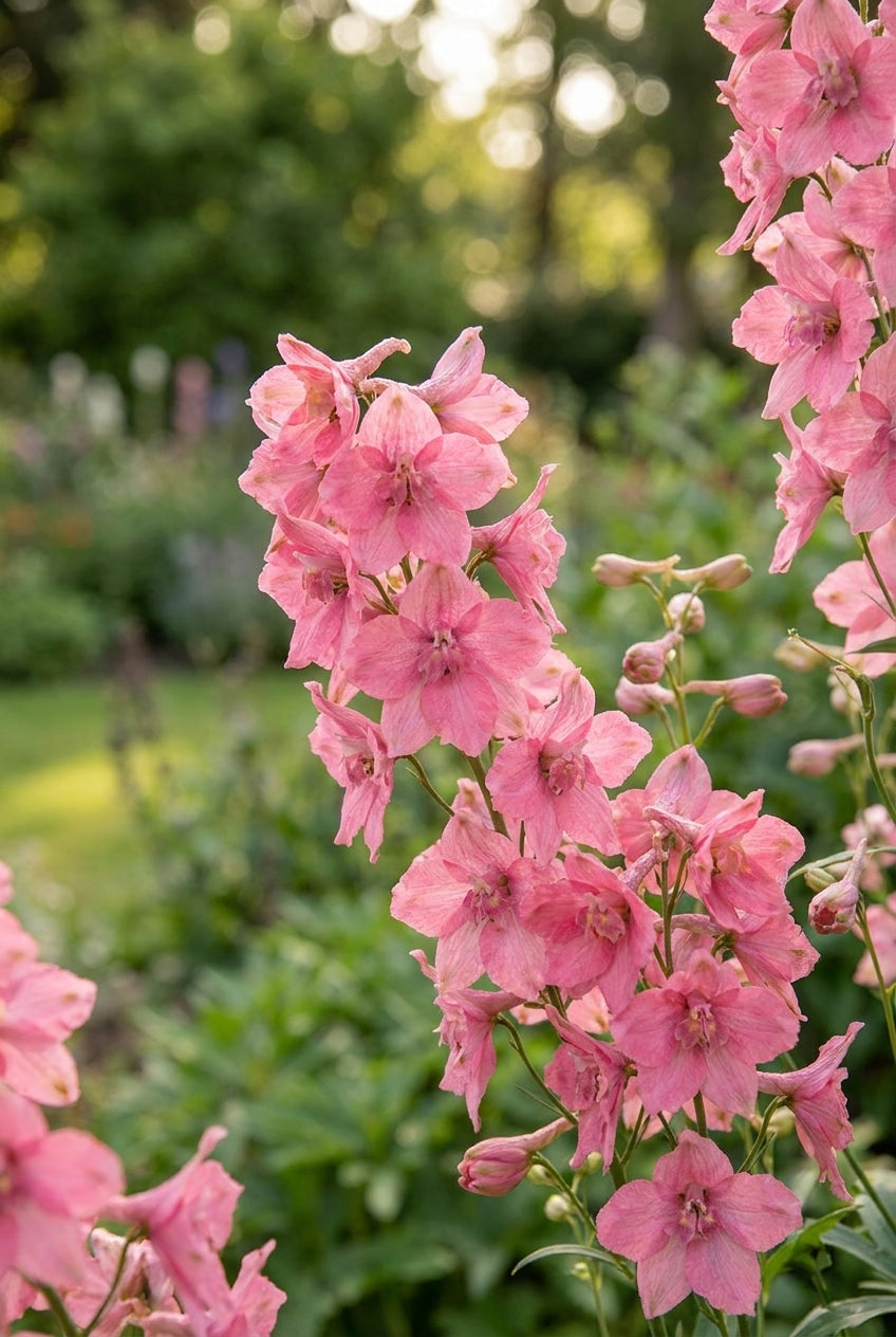 Delphinium ruysii 'Pink Sensation' bloemen