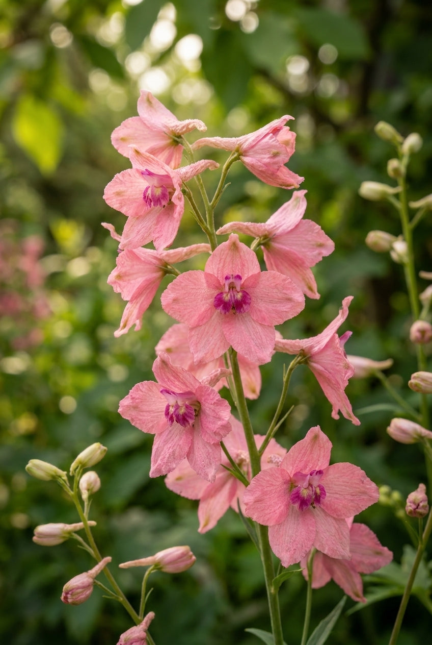 Delphinium ruysii 'Pink Sensation' bloemen
