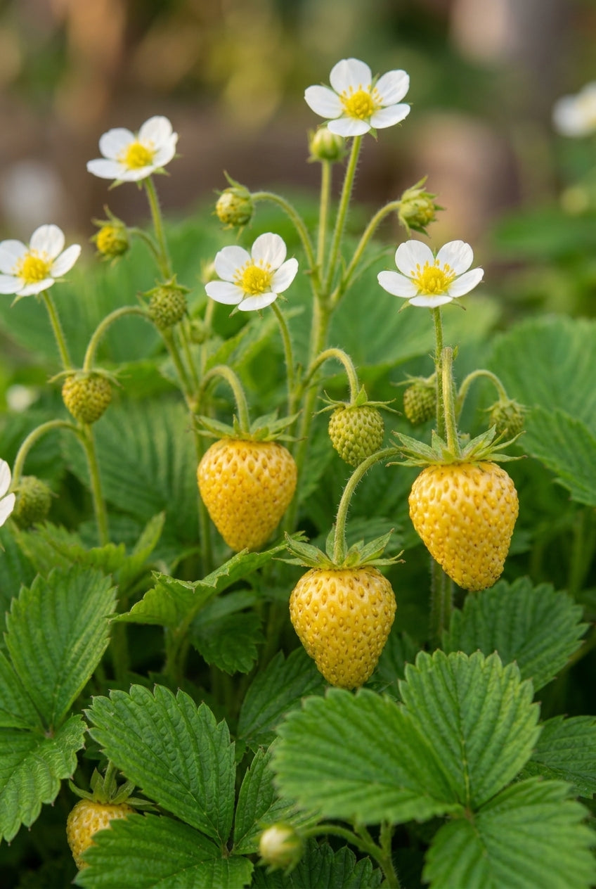 Fragaria vesca 'Yellow Wonder' vrucht