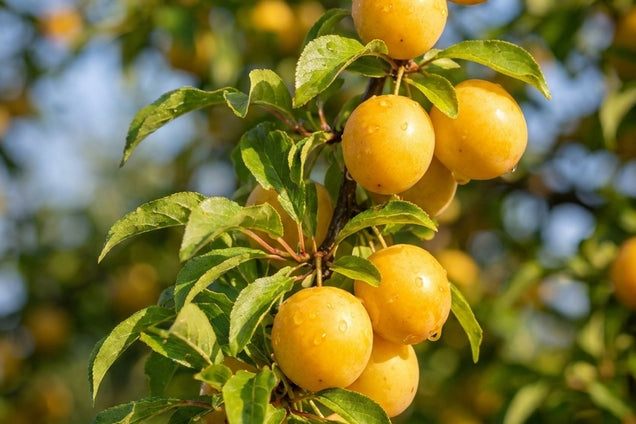 Prunus domestica 'Mirabelle de Nancy' vrucht